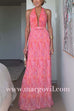 Halter V Neck Open Back Print Pleated Maxi Dress