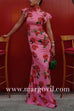 Ruffled Cap Sleeves Rose Print Maxi Cheongsam Dress
