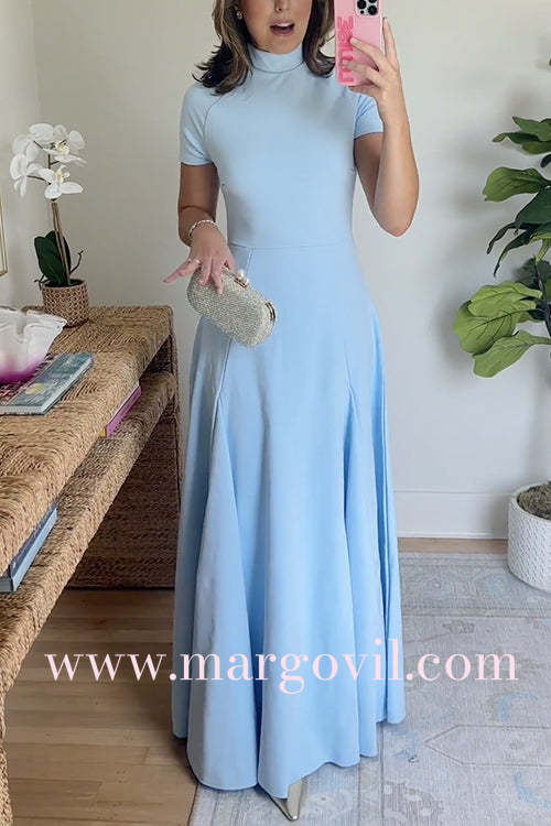 Mockneck Short Sleeves Waisted Swing Maxi Dress