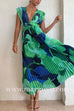 Margovil V Neck Waisted Back Cut Out Printed Maxi Pleated Dress