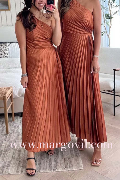 One Shoulder Sleeveless Pleated Satin Maxi Dress