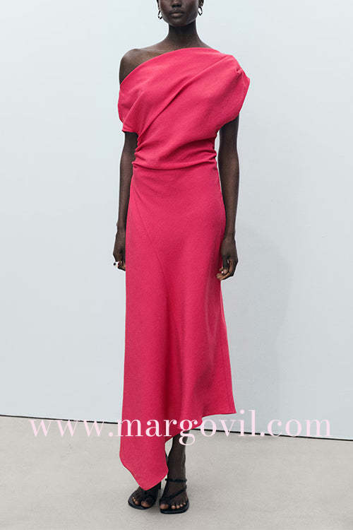 Draped Asymmetrical Shoulder Solid Maxi Party Dress