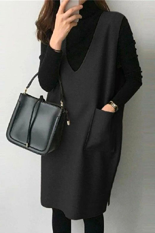 Margovil V Neck Sleeveless Woolen Vest Pocketed Dress (6 colors Available)
