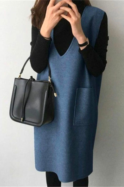 Margovil V Neck Sleeveless Woolen Vest Pocketed Dress (6 colors Available)