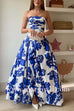 Strapless Ruched Bodice Full Skirt Floral Print Maxi Dress