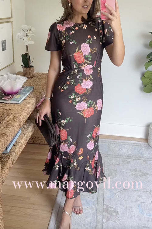 Crewneck Short Sleeves Floral Print Ruffle Hem Midi Dress
