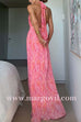 Halter V Neck Open Back Print Pleated Maxi Dress