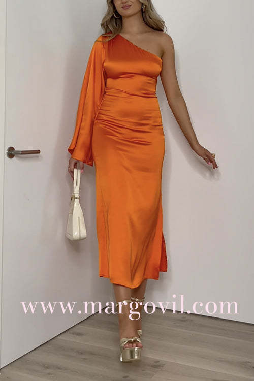 One Shoulder Bell Sleeve Side Slit Satin Midi Dress