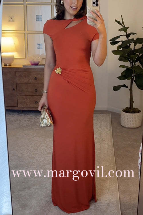 Short Sleeve Cut Out Backless Gold Flower Detail Maxi Dress