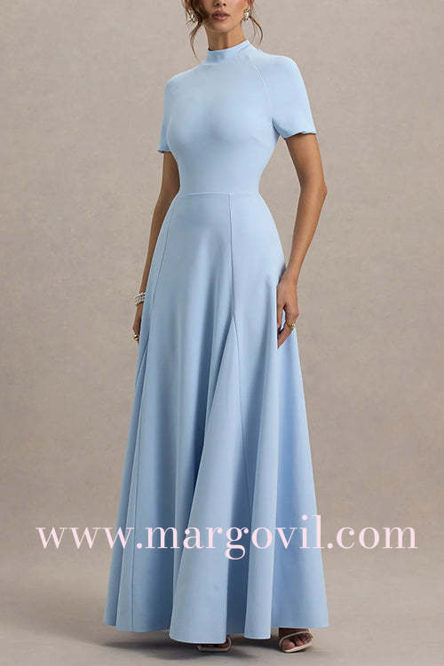 Mockneck Short Sleeves Waisted Swing Maxi Dress