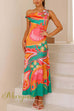 Asymmetric Shoulder Unique Print Swing Maxi Dress