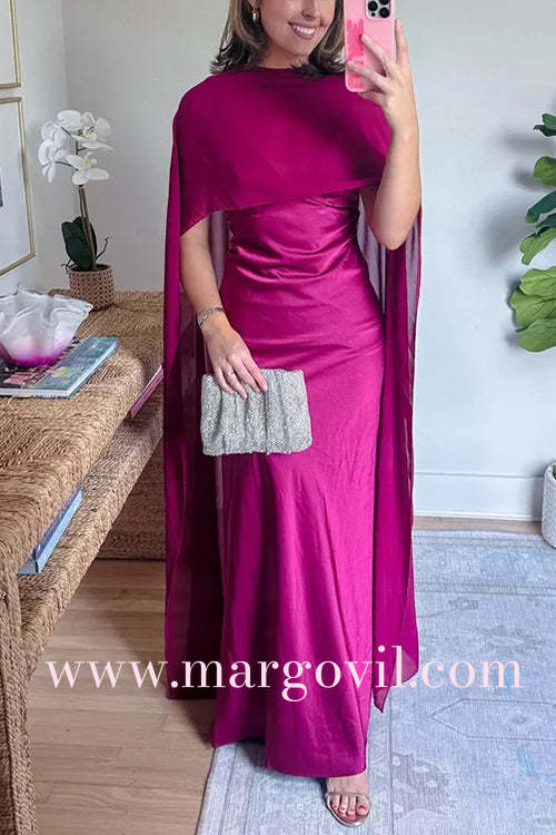 V Neck Open Back Cape Satin Maxi Dress