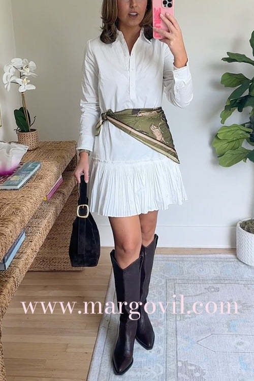 Long Sleeves Button Up Pleated Hem Mini Shirt Dress