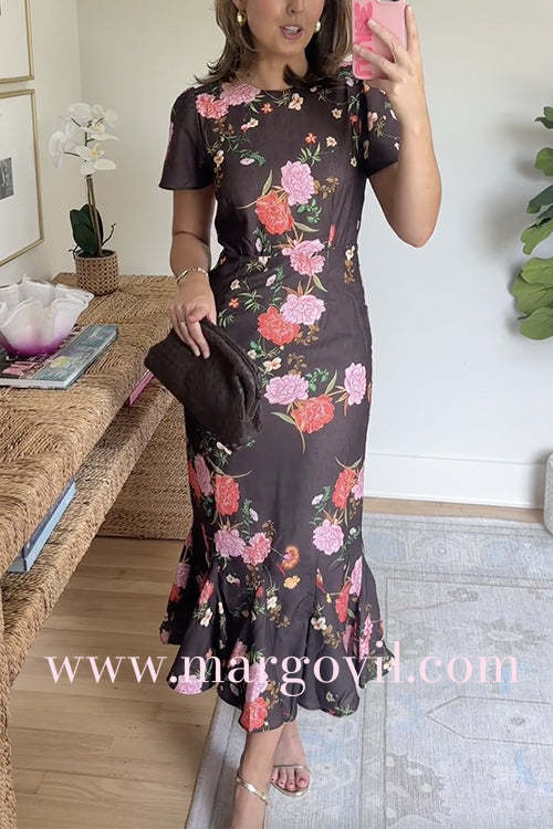 Crewneck Short Sleeves Floral Print Ruffle Hem Midi Dress