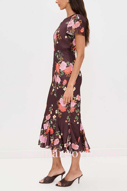 Crewneck Short Sleeves Floral Print Ruffle Hem Midi Dress