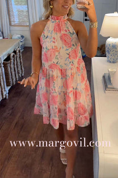 Margovil High Neck Sleeveless Floral Print Ruffle Tiered Mini Dress