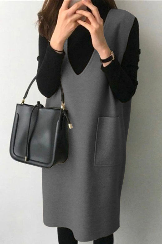 Margovil V Neck Sleeveless Woolen Vest Pocketed Dress (6 colors Available)