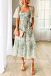 3 Colors Square Neck Short Sleeve Ruched Floral Midi Dress