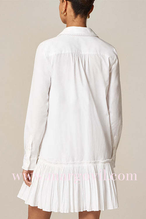 Long Sleeves Button Up Pleated Hem Mini Shirt Dress