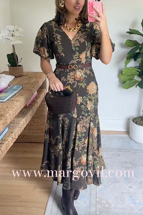 V Neck Puff Short Sleeves Floral Print Midi Dress