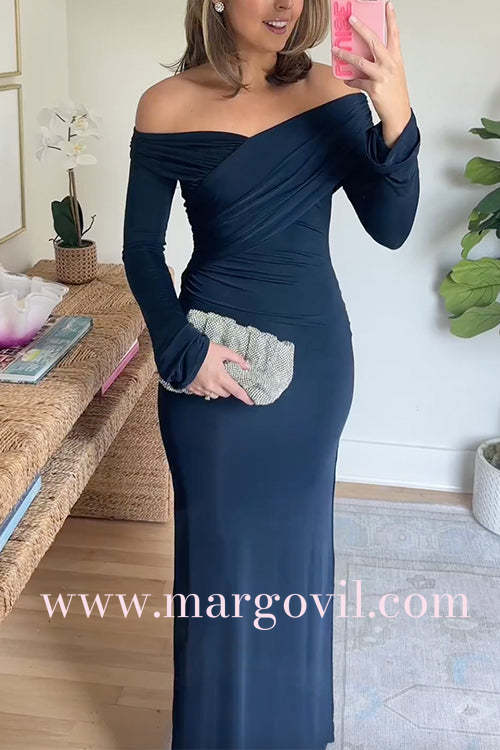 Elegant Off Shoulder Long Sleeves Ruched Maxi Dress