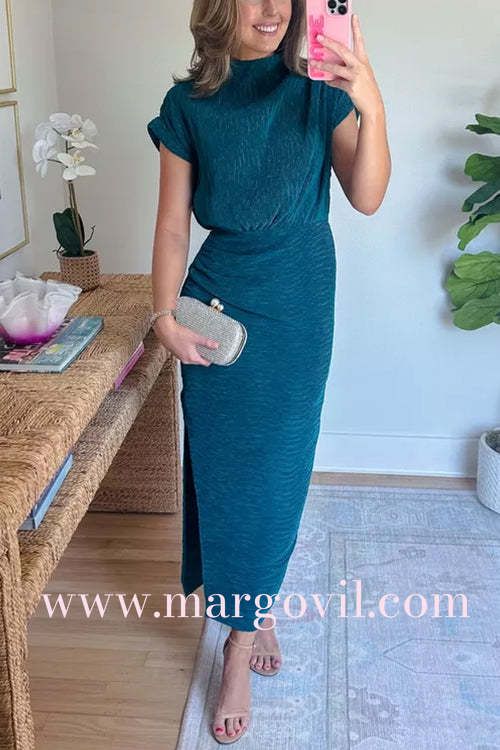 Mockneck Short Sleeves Waisted Side Slit Midi Dress