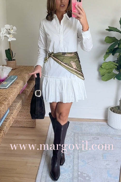 Long Sleeves Button Up Pleated Hem Mini Shirt Dress