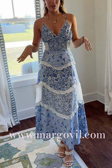 Margovil Spaghetti Strap V Neck Floral Print Ruffle Tiered Maxi Dress