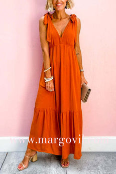 V Neck Bow Shoulder Sleeveless Ruffle Maxi Dress