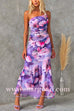 Sleeveless One Shoulder Ruched Floral Print Maxi Ruffle Dress