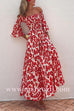 Off Shoulder Bell Sleeves Abstract Print Swing Maxi Dress
