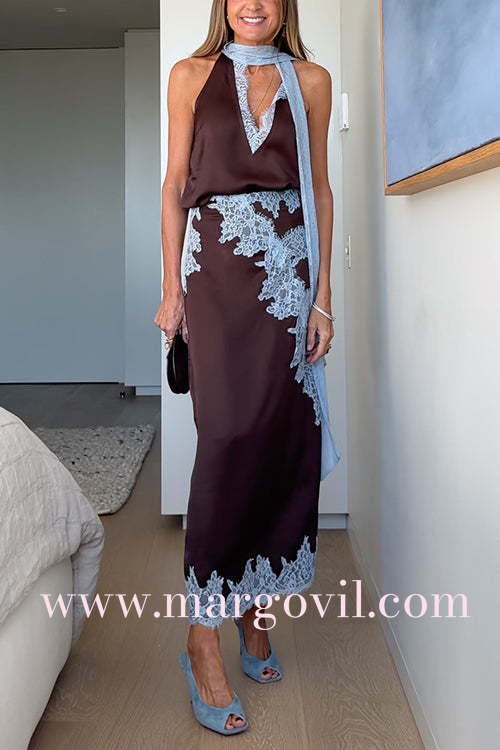 Chic Sleeveless V Neck Lace Trim Satin Top