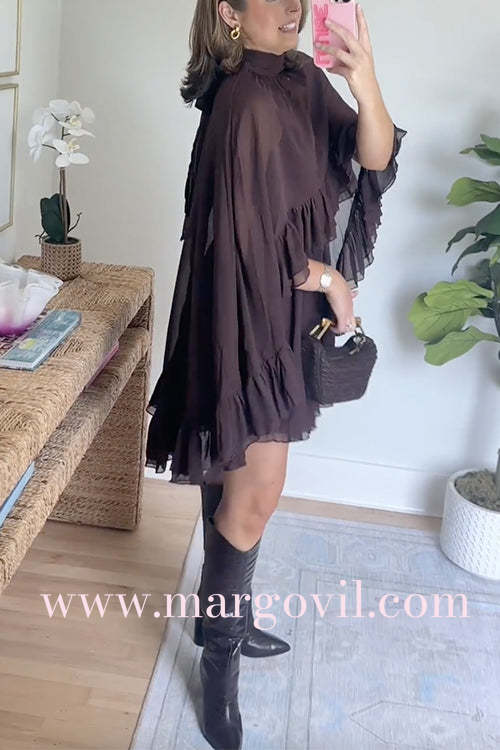 High Neck Sheer Ruffle Trim Cape Mini Dress