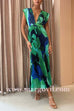 Margovil V Neck Waisted Back Cut Out Printed Maxi Pleated Dress