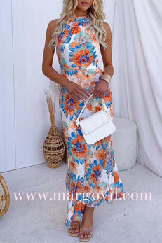 Tie Knot Halter Backless Floral Printed Maxi Holiday Dress
