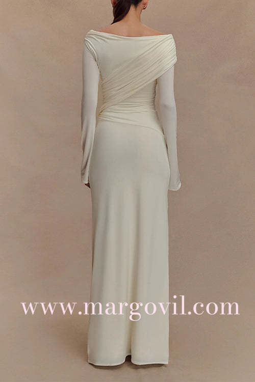 Off Shoulder Long Sleeves Ruched Solid Maxi Dress