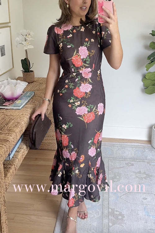 Crewneck Short Sleeves Floral Print Ruffle Hem Midi Dress