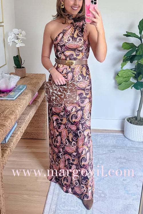 One Shoulder Sleeveless Paisley Print Maxi Dress