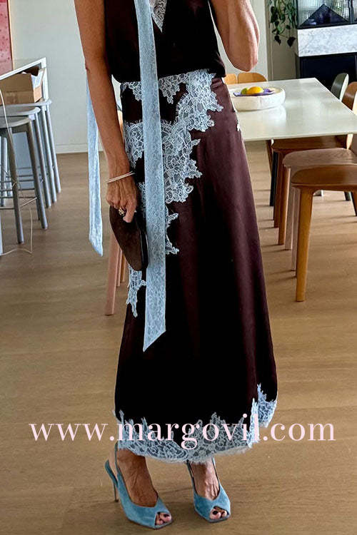 High Rise Lace Trim Satin Maxi Skirt