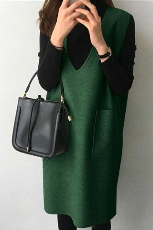 Margovil V Neck Sleeveless Woolen Vest Pocketed Dress (6 colors Available)