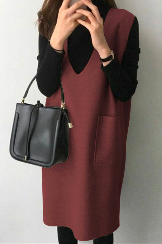 Margovil V Neck Sleeveless Woolen Vest Pocketed Dress (6 colors Available)