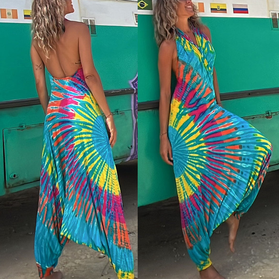 Halter Sleeveless Hippie Tie Dye Jumpsuit