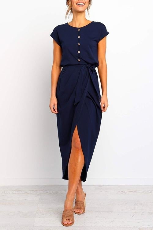 Margovil Cap Short Sleeve Buttons Tulip Hem Dress