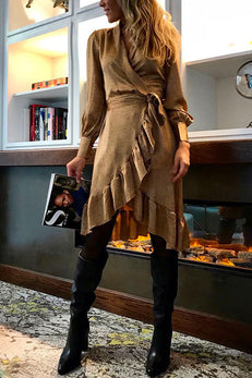 Margovil Wrap V Neck Long Sleeve Tie Waist Ruffle Dress