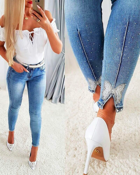 Margovil Beaded Butterfly Distressed Skinny Denim Pants
