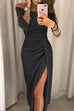 Margovil Off Shoulder High Slit Ruched Glitter Dress