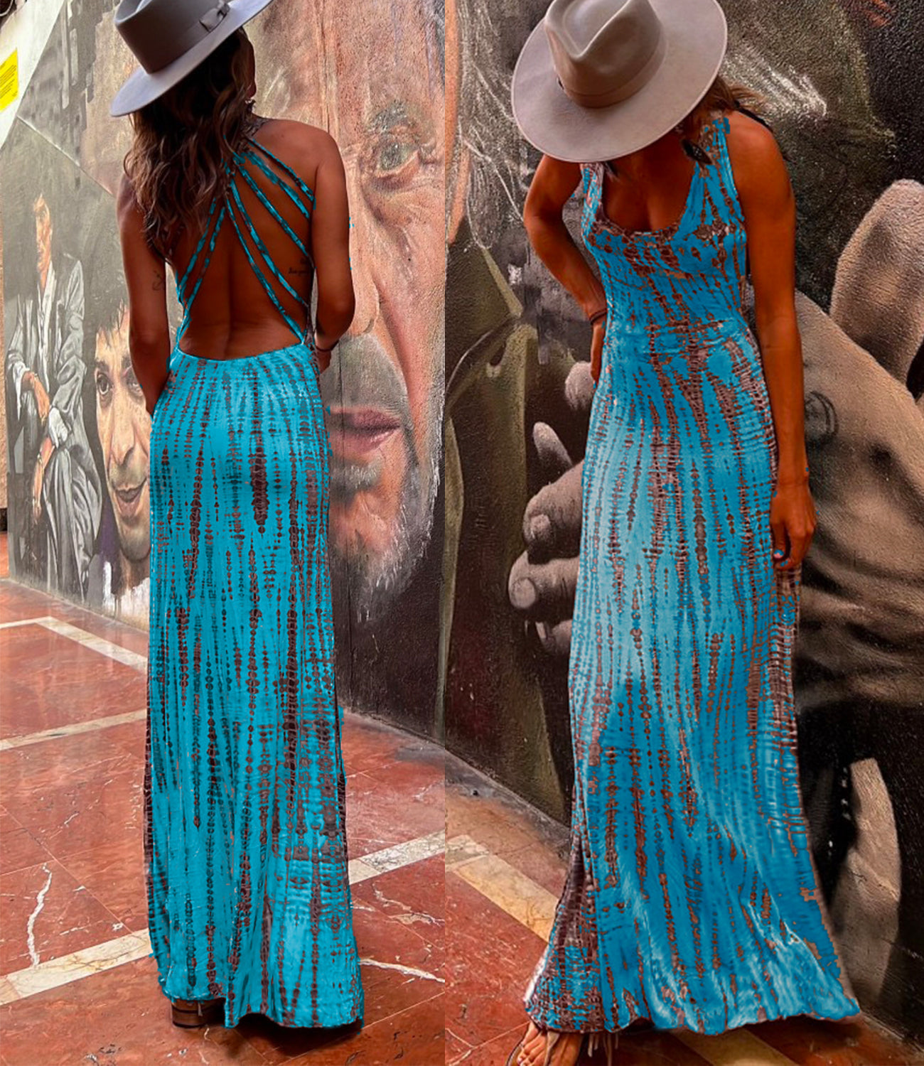 Criss Cross Open Back Tie Dye Maxi Dress